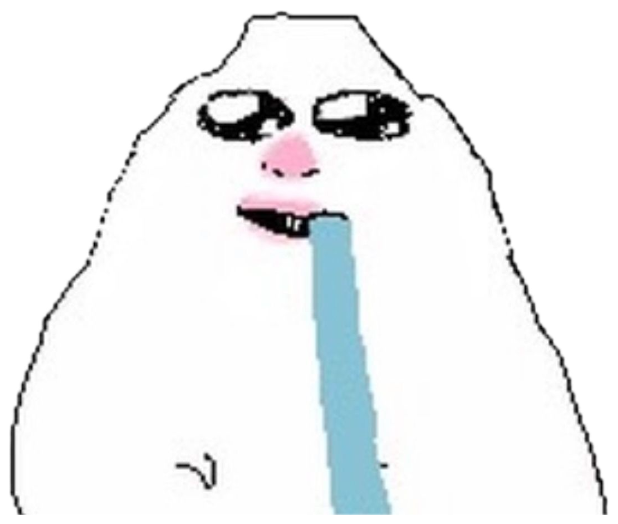 Same white blob creature with heavy drooping eyes, sipping through a straw with zero enthusiasm sticker