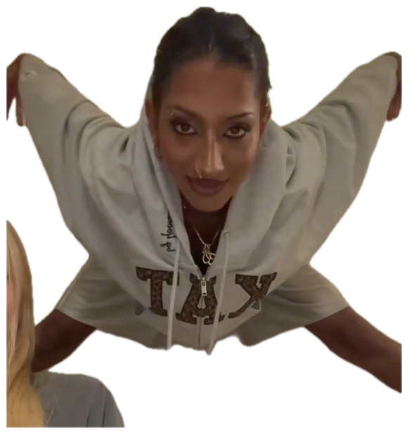 Woman in a grey hoodie leaning forward with arms spread wide in a dramatic power-pose gesture sticker