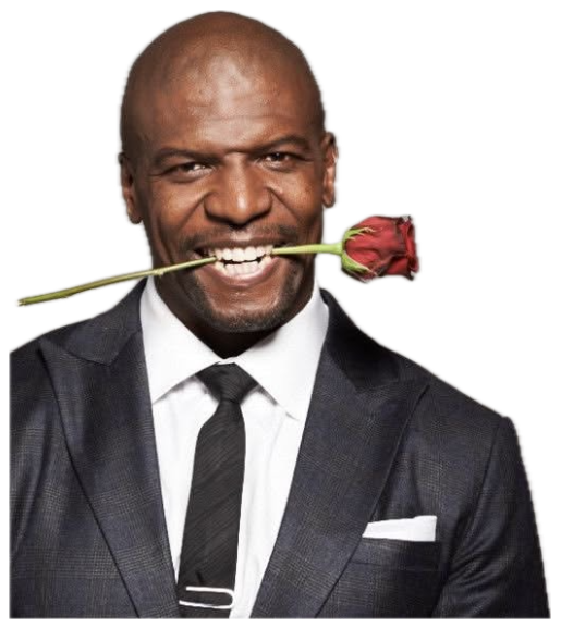 Terry Crews grinning with a rose in his teeth and striking a dramatic pose in a suit sticker