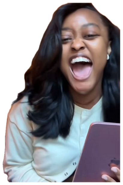 Young woman looking at her phone and screaming with delight, mouth wide open mid-reaction sticker