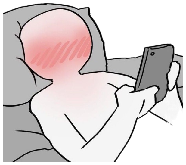 Cartoon figure in bed blushing bright red while staring at their phone sticker