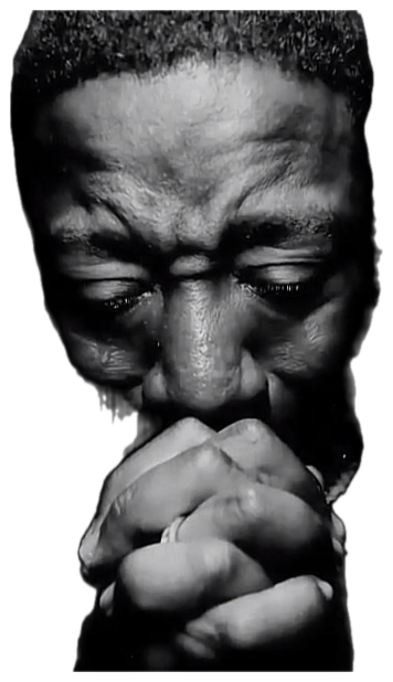 Man with eyes closed and hands clasped tightly in prayer, shot in dramatic black and white sticker