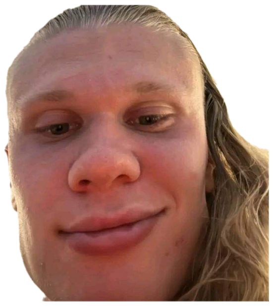 Extreme close-up selfie of a flushed blond man with a completely deadpan face sticker