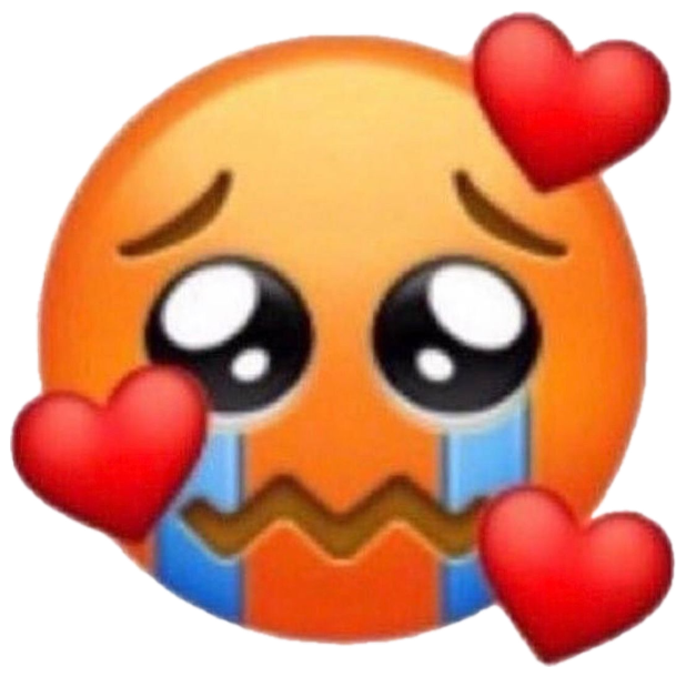 Teary-eyed emoji with a zigzag mouth surrounded by red hearts, holding back tears sticker