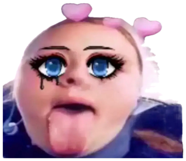 Selfie with a big-anime-eyes filter, tongue out and pink hearts floating around sticker