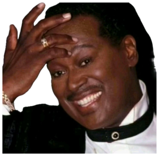 Man laughing hard with hand pressed to his forehead and a gold ring glinting sticker