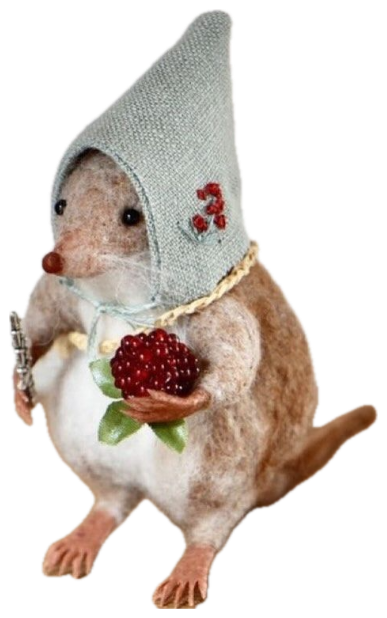 Tiny felted mole figurine in a pointy hat captioned 'i am plagued by concepts' sticker