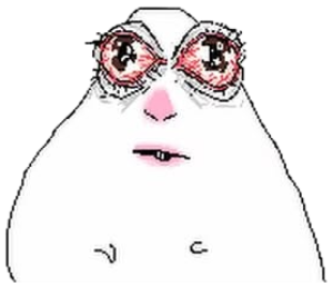 Doodled blob face with watery pink eyes and a wobbly held-back sob sticker