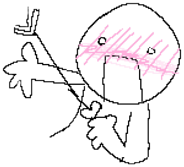 Crude stick figure with a blushing blank face pointing off to the side sticker