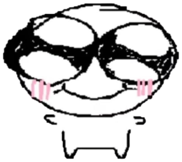 Crude cartoon face with thick glasses, pink blush, and a wide sly grin sticker