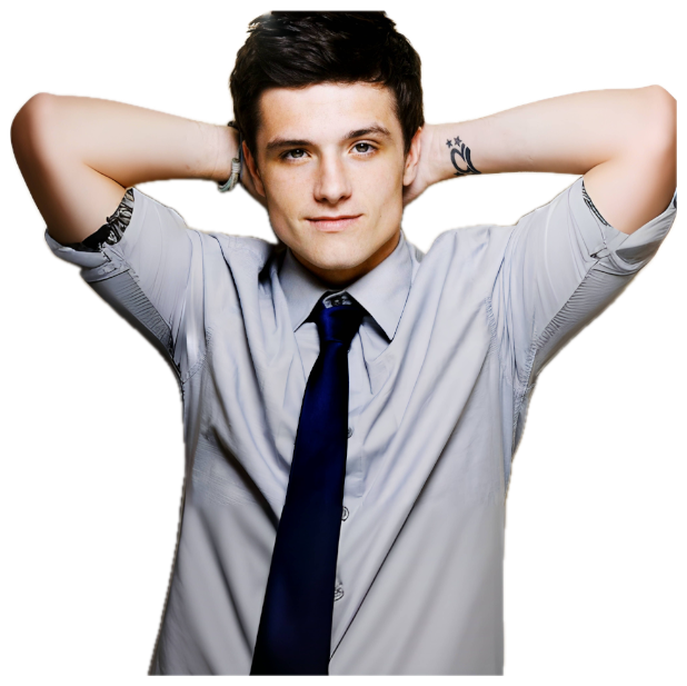 Young man in a grey shirt and dark tie leaning back with hands behind his head and a smug little smile sticker