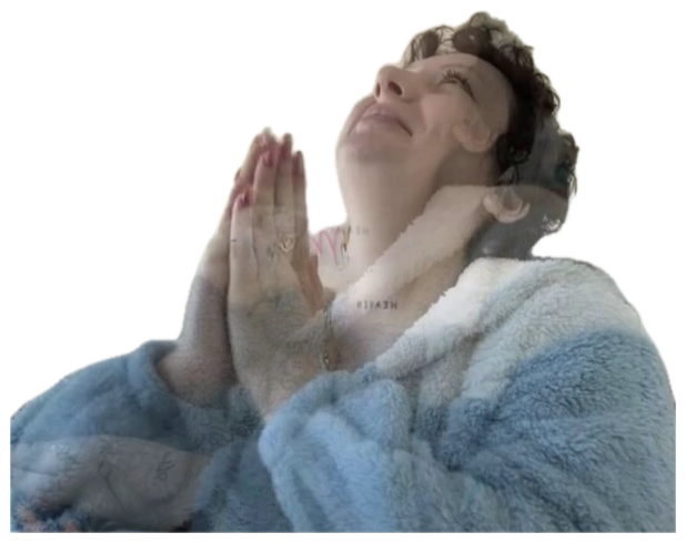 Person in blue robe pressing hands together and looking up with a blissful smile sticker