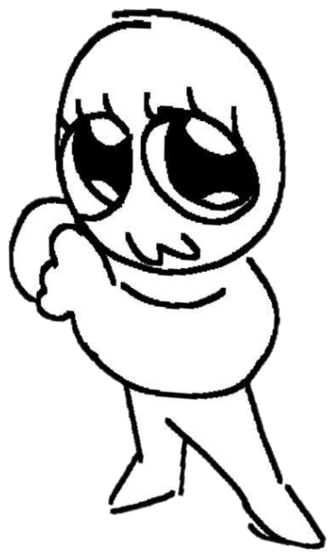 A crudely drawn doodle character with big lashes striking a shy, flirty pose sticker
