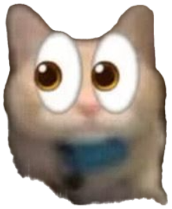 Cat with cartoon googly eyes and a blue tape-covered mouth staring blankly ahead sticker