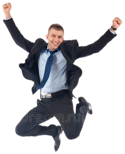 Stock-photo businessman leaping midair with both fists up in victory sticker
