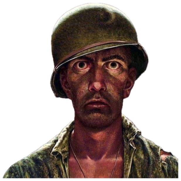 Illustrated WWII soldier with hollow shell-shocked eyes staring out of a war-torn painting sticker