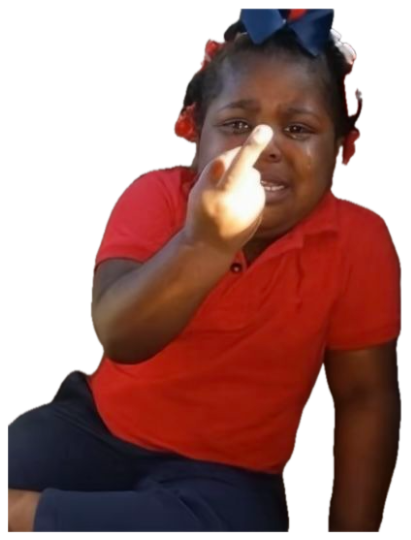 Girl in a car crying her eyes out while jabbing an accusing finger at the camera sticker