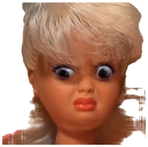 Blonde doll with bulging eyes and a curled lip pulling a horrified, disgusted grimace sticker