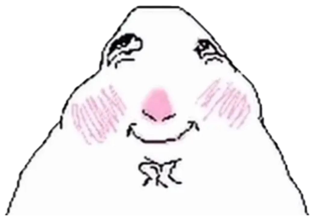 Crude white blob cartoon blushing hard with a shy little smile and a heart sticker