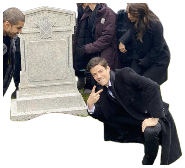 Man in a suit crouching by a fresh grave flashing a peace sign and grinning sticker