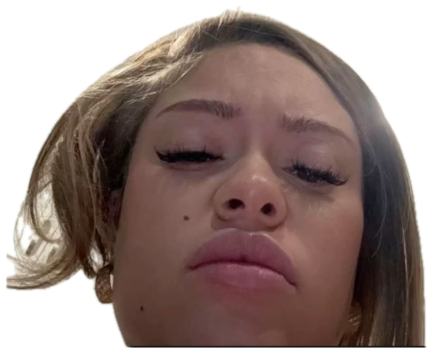 Low-angle selfie of a woman with heavy-lidded eyes and a flat, thoroughly done expression sticker