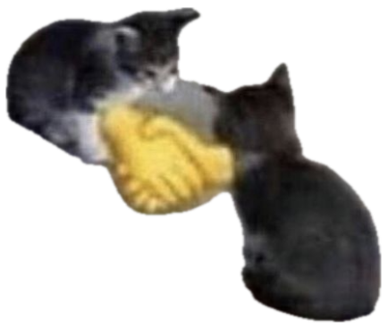 Two kittens facing off on a tiled floor with a yellow cartoon handshake between them sticker