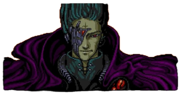 A pixel-art cyborg villain with a purple cape giving a sly, confident smirk sticker