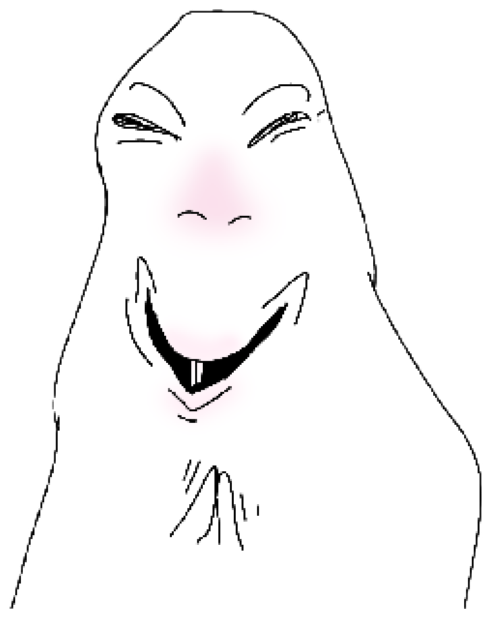 Minimalist cartoon wojak-style blob grinning deviously with hands pressed together sticker