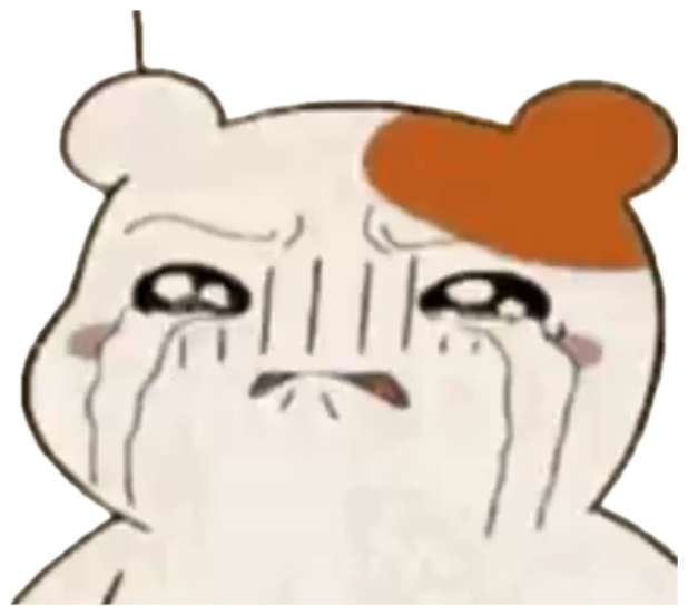 Little cartoon bear sobbing with streaming tears and a floating heart sticker