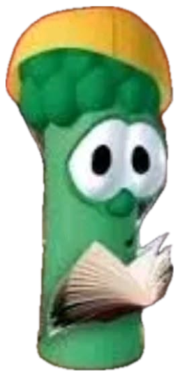 VeggieTales cucumber reading a book in a library, captioned about it not being our turn to talk sticker