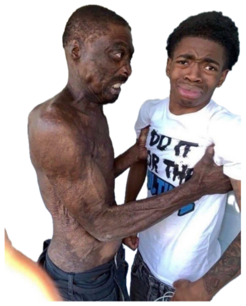 Older man grabbing a young guy's shirt aggressively while the younger man looks horrified sticker