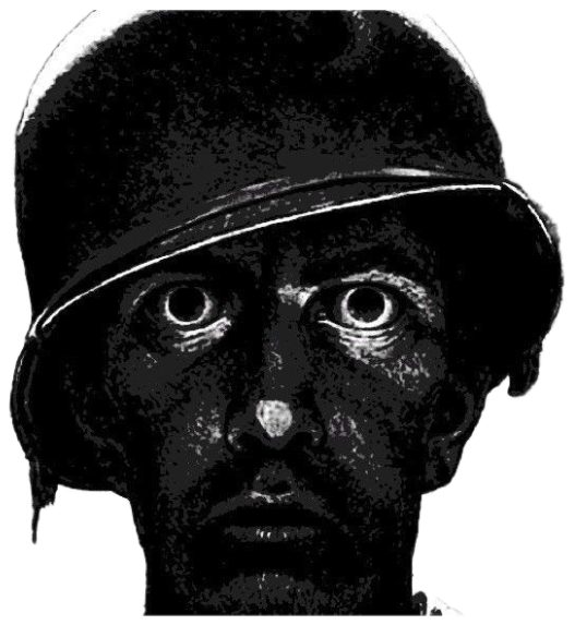 High-contrast comic of a wide-eyed soldier with a shell-shocked thousand-yard stare sticker