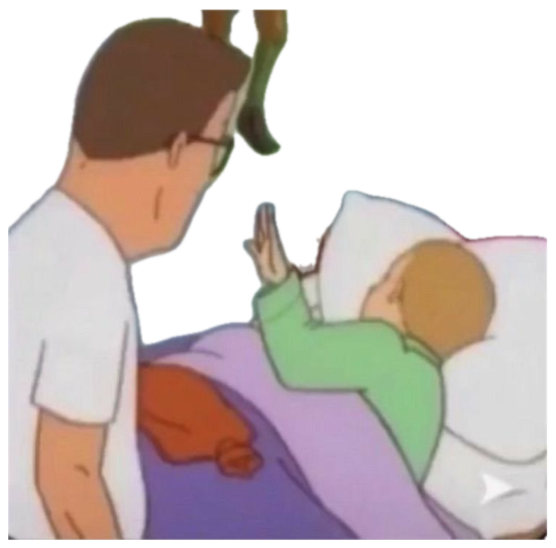 Hank Hill from King of the Hill leaning over a crib as the baby raises a hand to wave sticker
