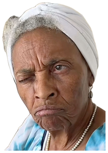 Elderly woman in a headwrap giving a squinting, unimpressed side-eye sticker