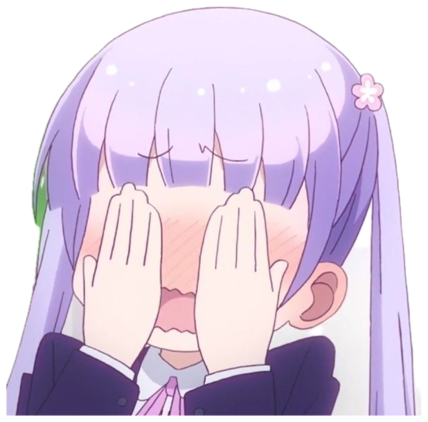 Purple-haired anime girl hiding her blushing face behind both hands sticker