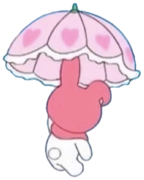 Pink cartoon bunny drifting down under a heart-patterned parasol against a blue sky sticker