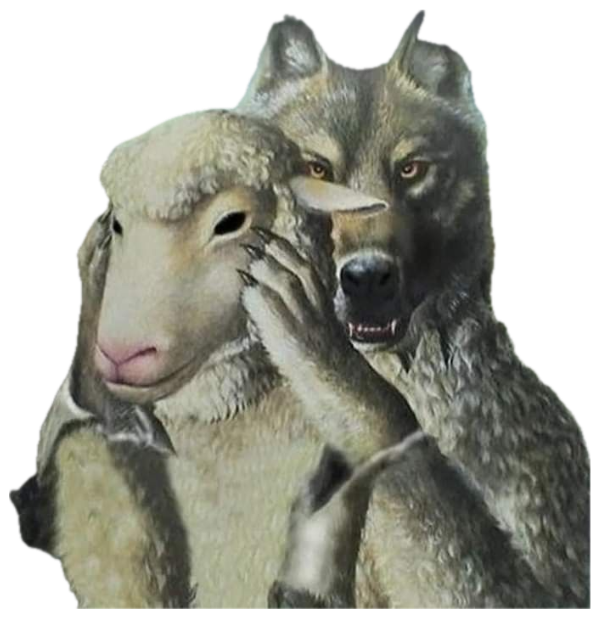 Painting of a wolf peeling a sheep mask off its face in a green field sticker