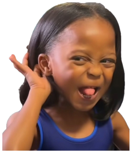 Young girl squinting and sticking her tongue out with hand raised to ear, utterly unbothered sticker