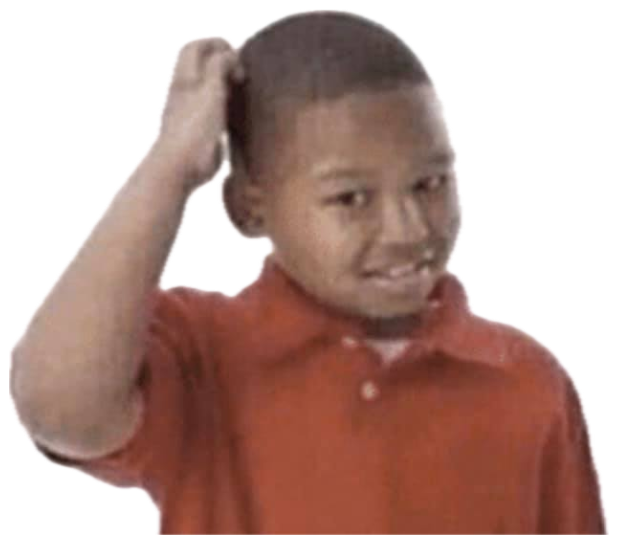 Kid in a red polo scratching his head with a sheepish, awkward grin sticker