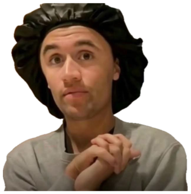 Guy in a silk bonnet clasping his hands with a coy, hopeful smirk sticker