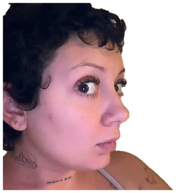 Woman with curly hair cutting a wide-eyed, sidelong stare off to the side sticker