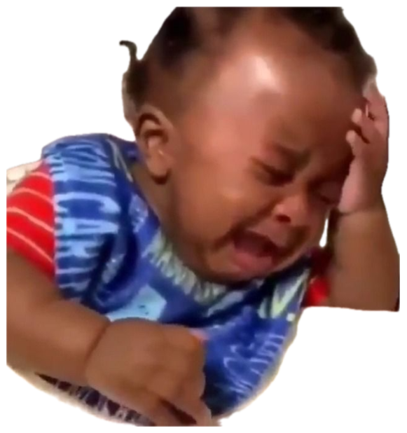 Baby in a blue onesie crying hard with scrunched face and fist clenched sticker