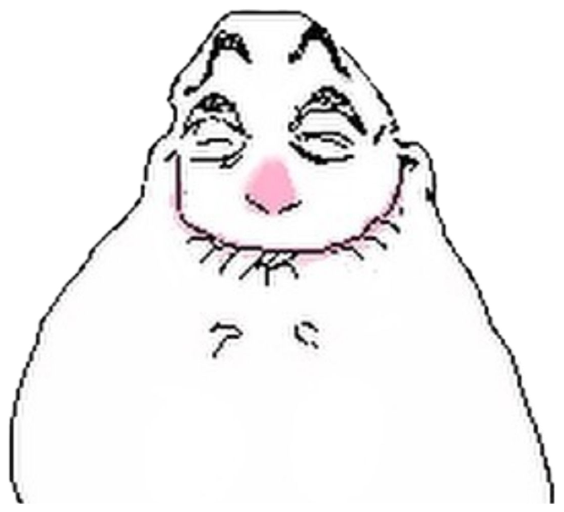 Crude MS Paint blob face with closed eyes and a tiny pleased, smug smile sticker