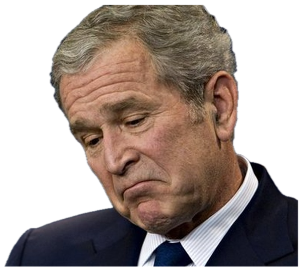 A man in a suit looking down with a heavy, disappointed frown in front of an American flag backdrop sticker