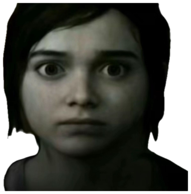 Dimly lit video-game girl staring blankly ahead with wide, frightened eyes sticker