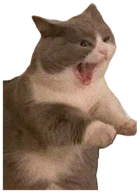 Grey and white cat mid-yell with mouth wide open and paw raised sticker