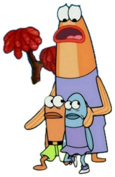 Bikini Bottom family recoiling in horror as Squidward strolls past grinning sticker