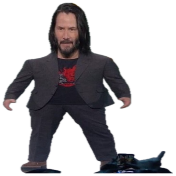 A shrunken-body Keanu Reeves standing awkwardly on stage in a suit and t-shirt sticker