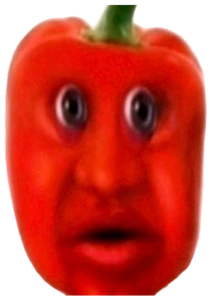 A red bell pepper with a photoshopped human face frozen in a wide-eyed, slack-jawed stare sticker