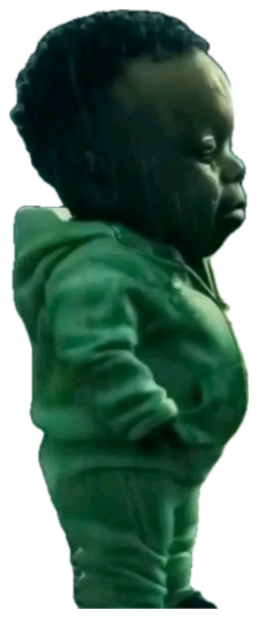 Tiny toddler in a hoodie standing alone in the rainy street lights, lip out sticker